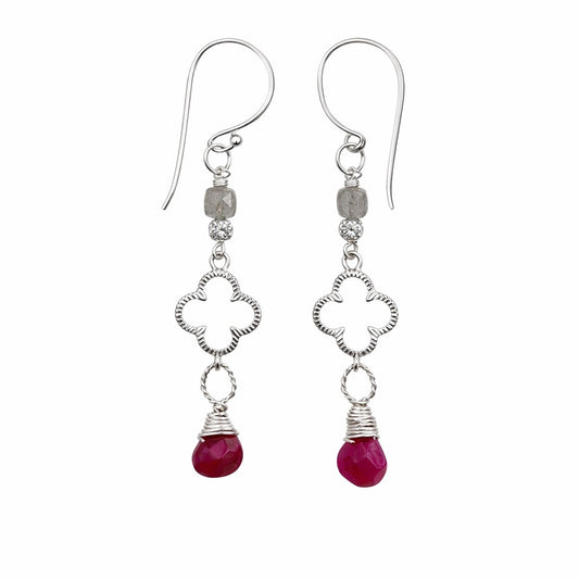 #923 S925 Ruby & Labradorite Clover Dangle Earrings