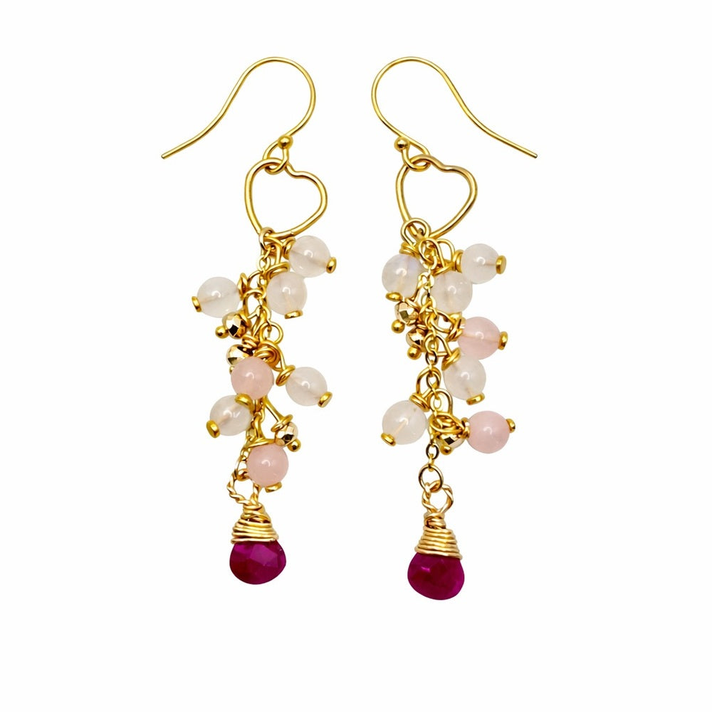 #1141 S925 Moonstone, Rose Quartz, & Ruby Dangle Earrings