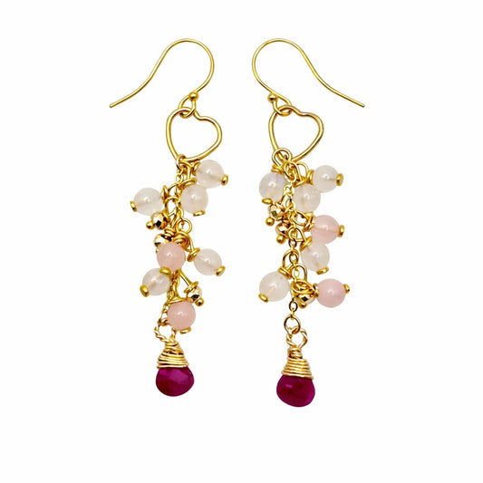 #1141 S925 Moonstone, Rose Quartz, & Ruby Dangle Earrings