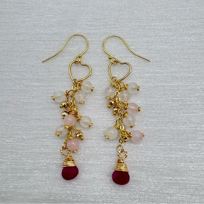 #1141 S925 Moonstone, Rose Quartz, & Ruby Dangle Earrings