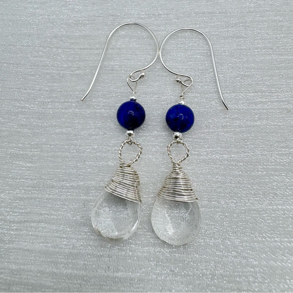 #907 S925 Lapis & Clear Quartz Dangle Earrings