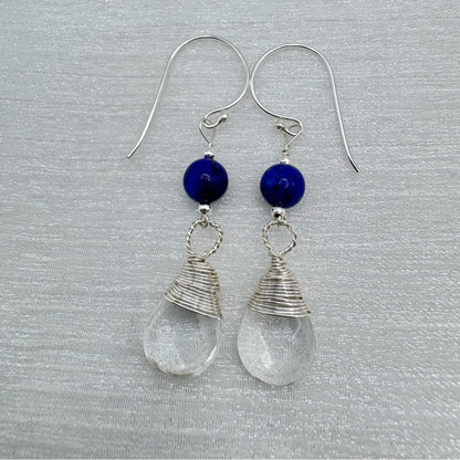 #907 S925 Lapis & Clear Quartz Dangle Earrings