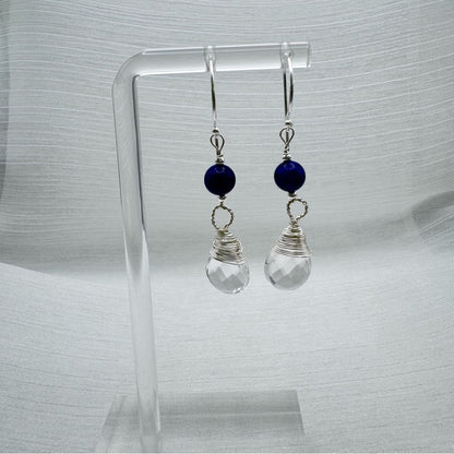 #907 S925 Lapis & Clear Quartz Dangle Earrings