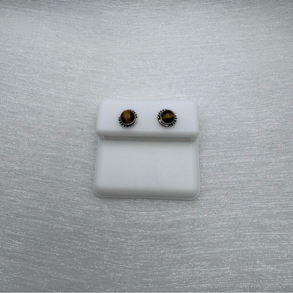 S925 Tigers Eye Round Stud Earrings