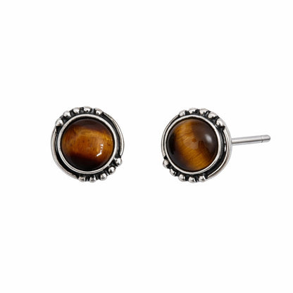 S925 Tigers Eye Round Stud Earrings