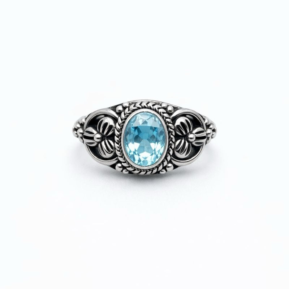 S925 Swiss Blue Topaz Floral Ring