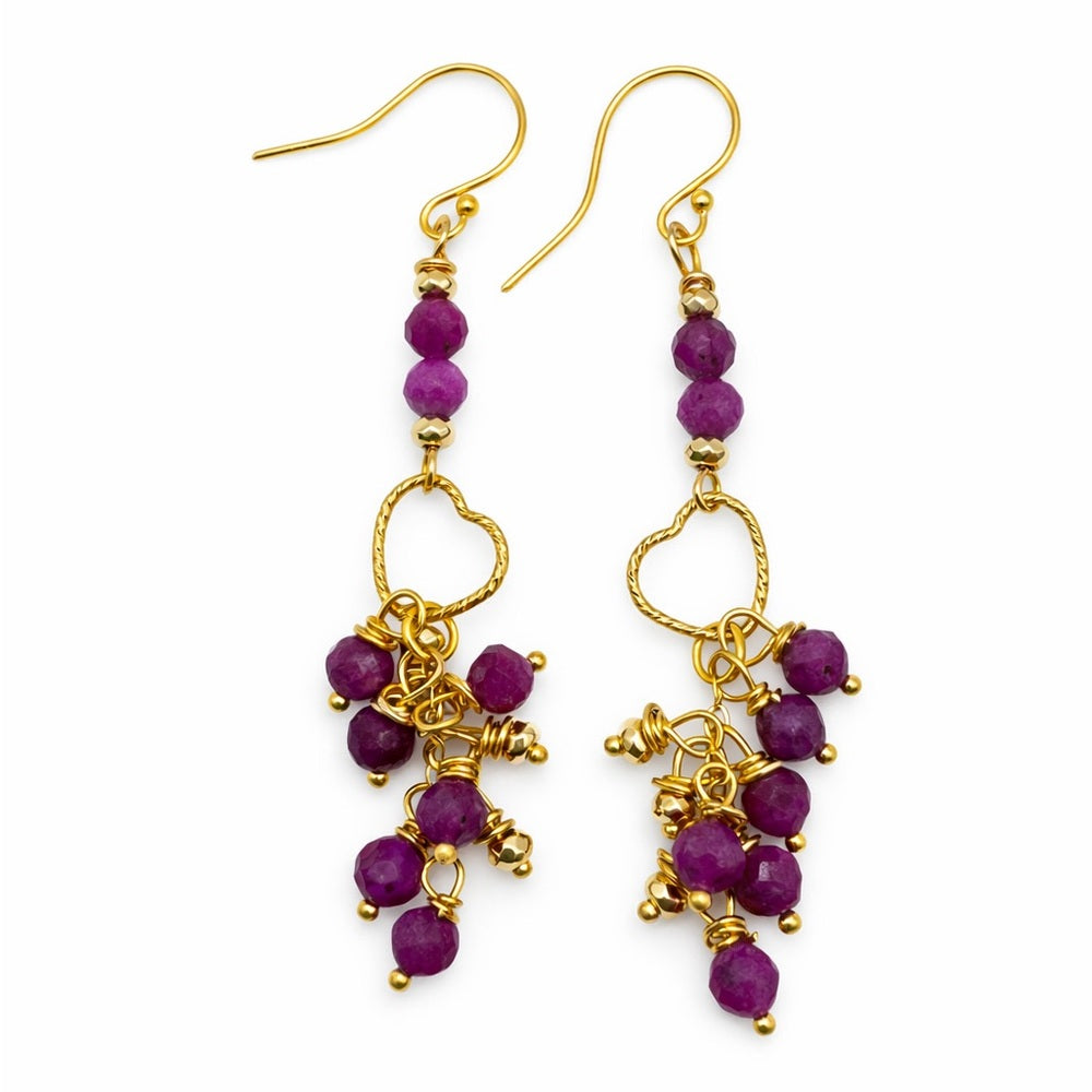 #1019 S925 Ruby Beaded Heart Dangle Earrings