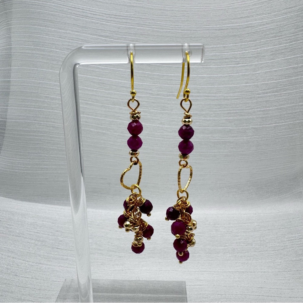 #1019 S925 Ruby Beaded Heart Dangle Earrings