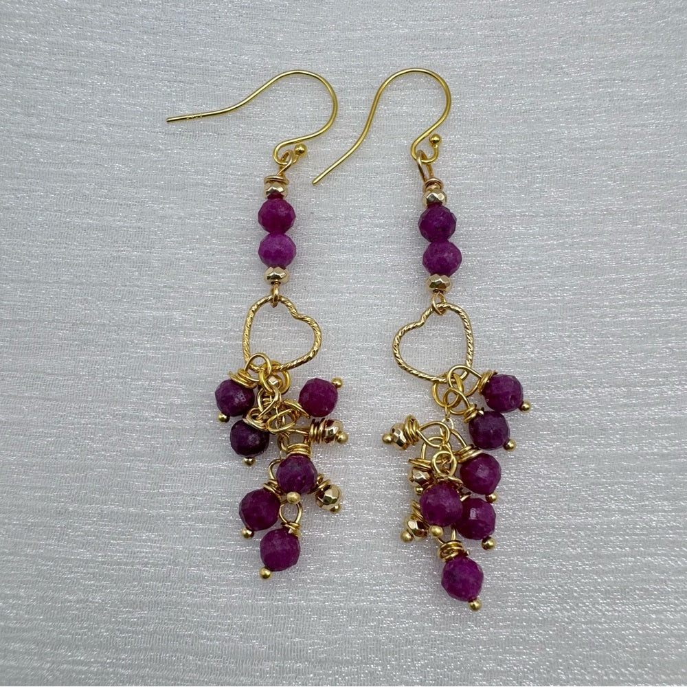 #1019 S925 Ruby Beaded Heart Dangle Earrings