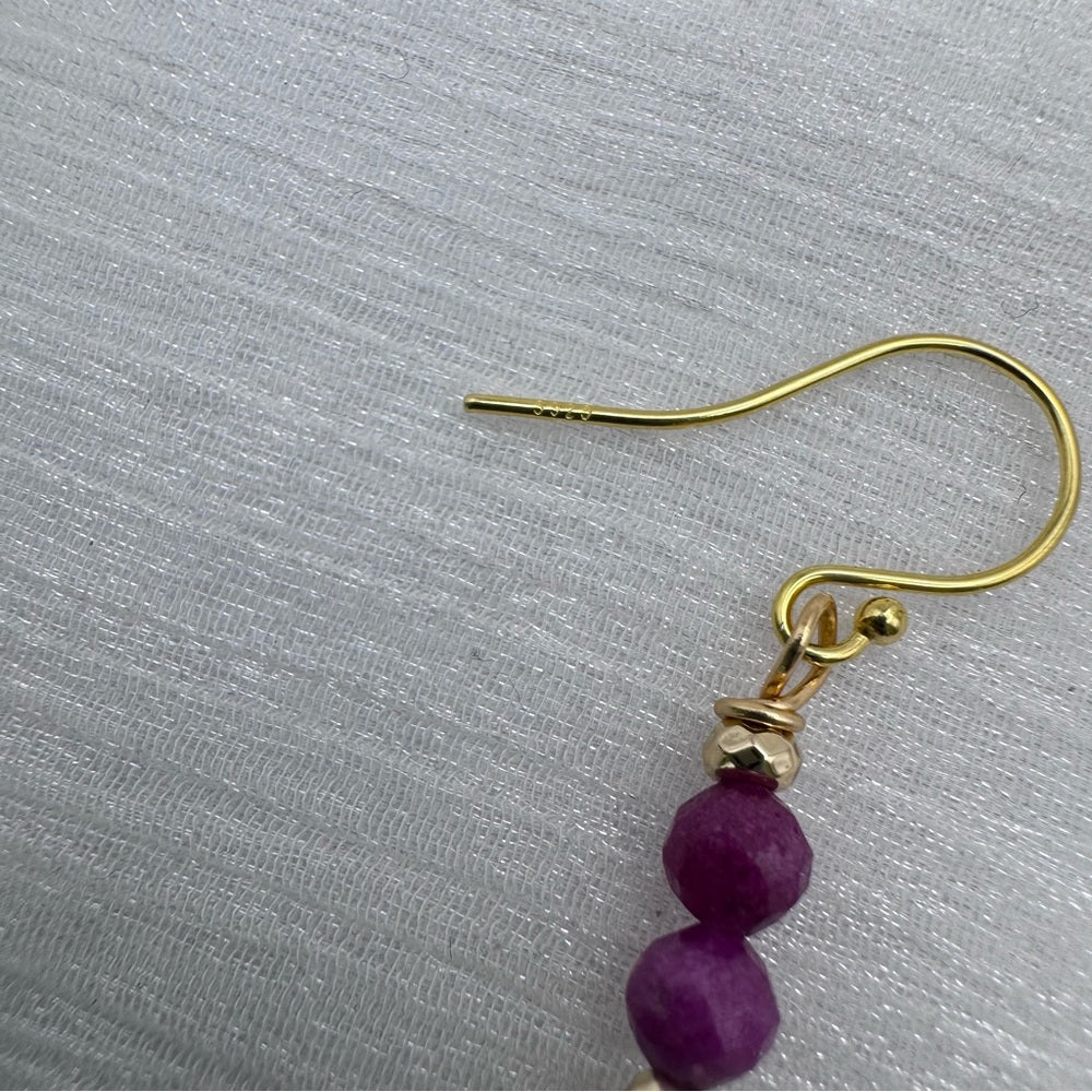 #1019 S925 Ruby Beaded Heart Dangle Earrings