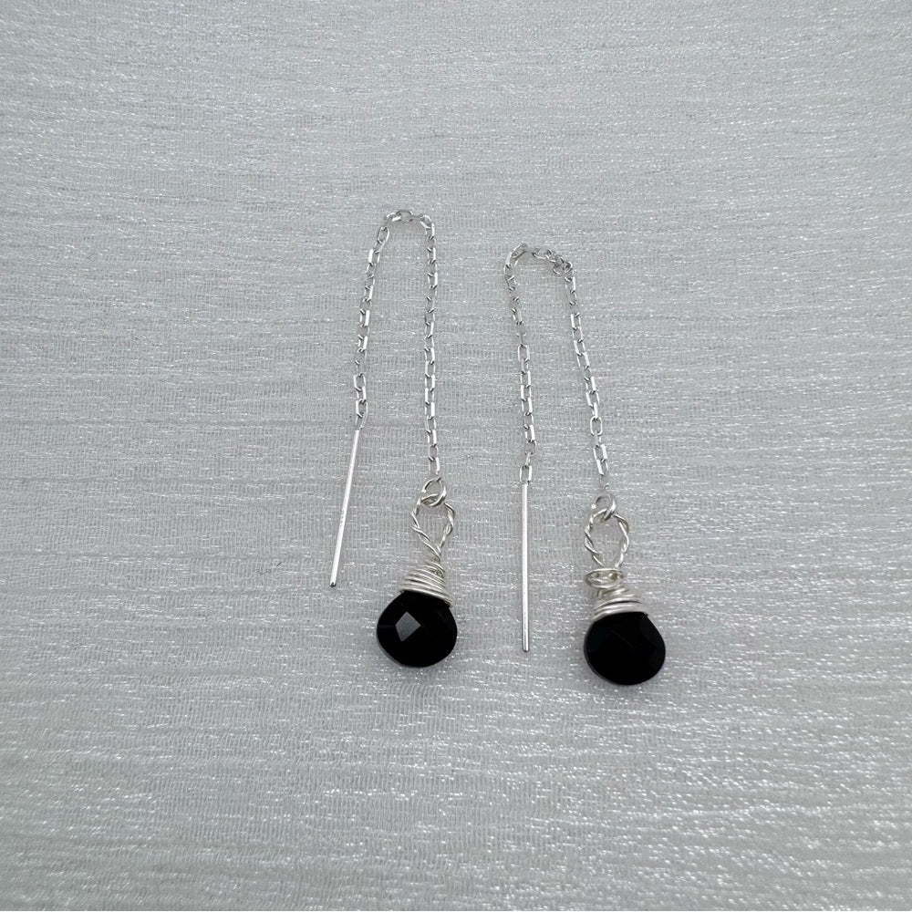 Sterling Silver Black Onyx Wrapped Threader Earrings (#903)