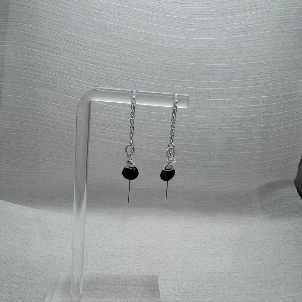 Sterling Silver Black Onyx Wrapped Threader Earrings (#903)