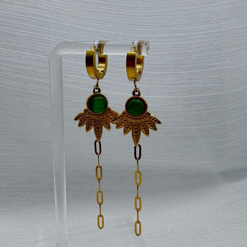 Green Chalcedony Dangle Chain Earrings
