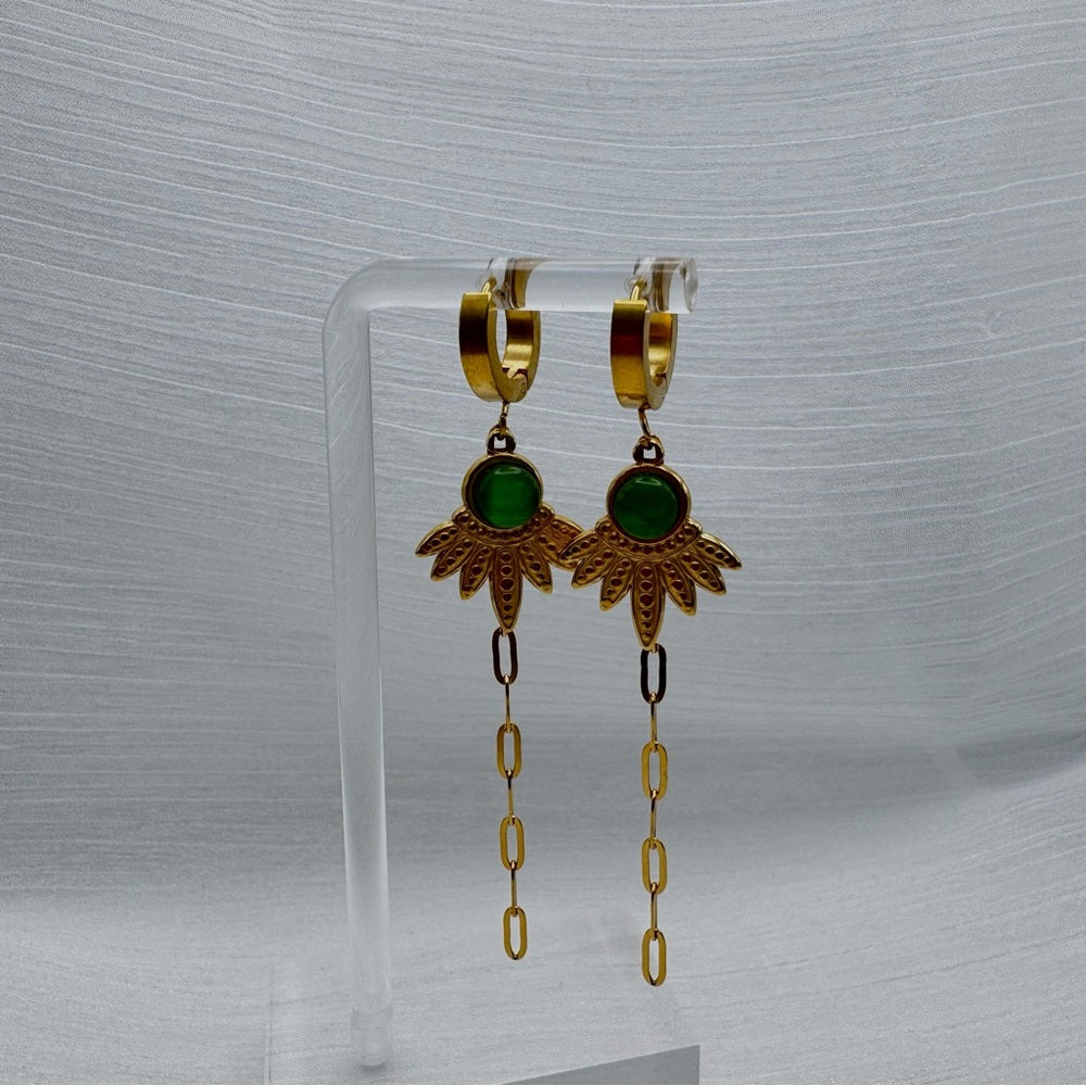 Green Chalcedony Dangle Chain Earrings