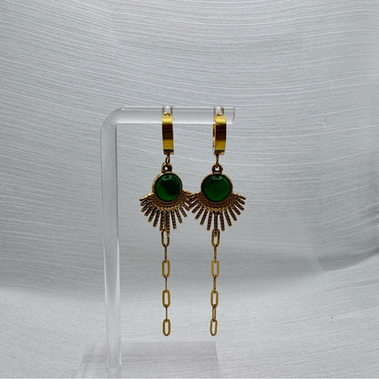 Green Chalcedony Dangle Chain Earrings