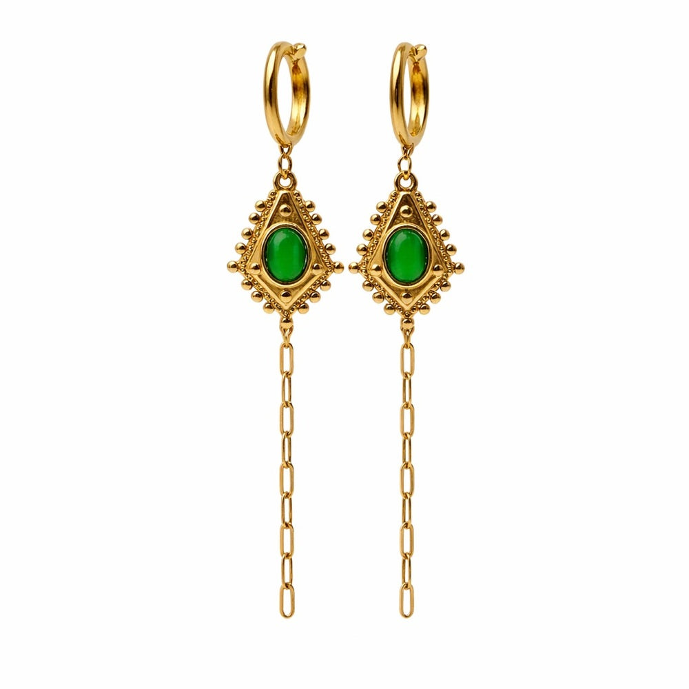 Green Chalcedony Dangle Chain Earrings