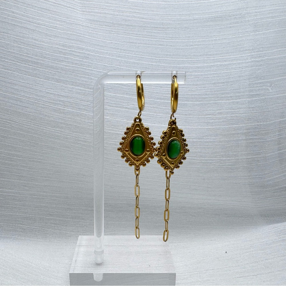Green Chalcedony Dangle Chain Earrings