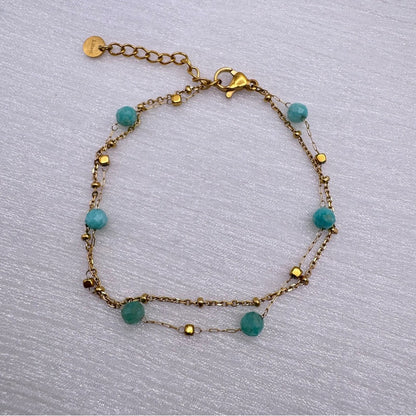 1mm | Gold | Double Chain with Turquoise Crystal Bracelet
