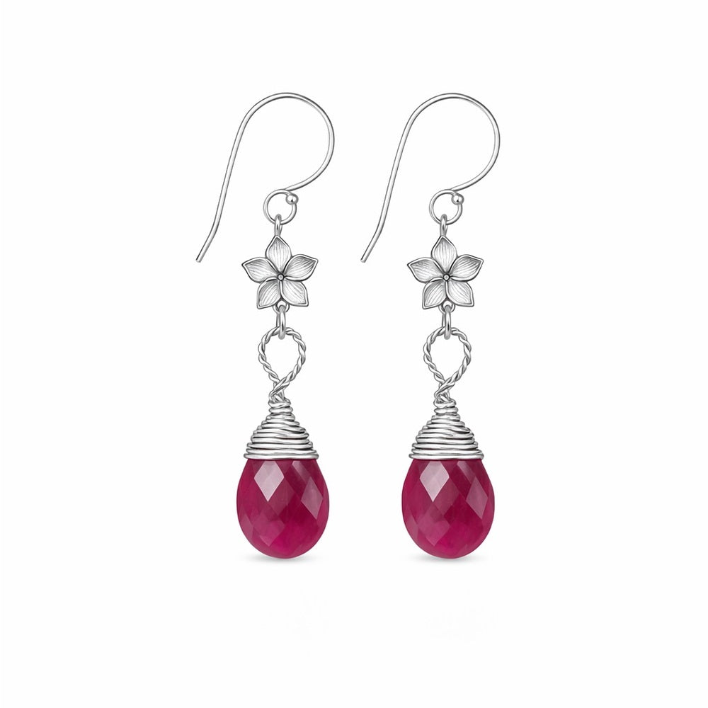 HK1162 S925 Ruby Flower Dangle Earrings