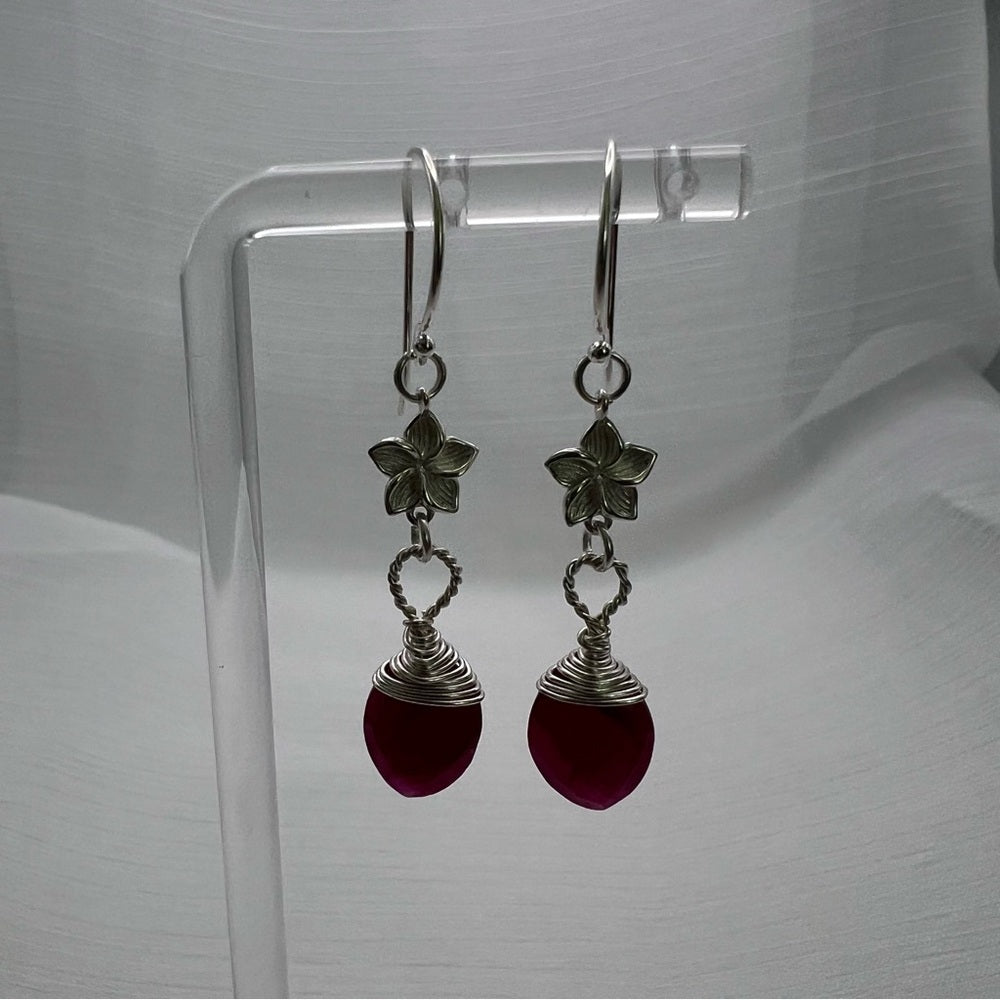 HK1162 S925 Ruby Flower Dangle Earrings