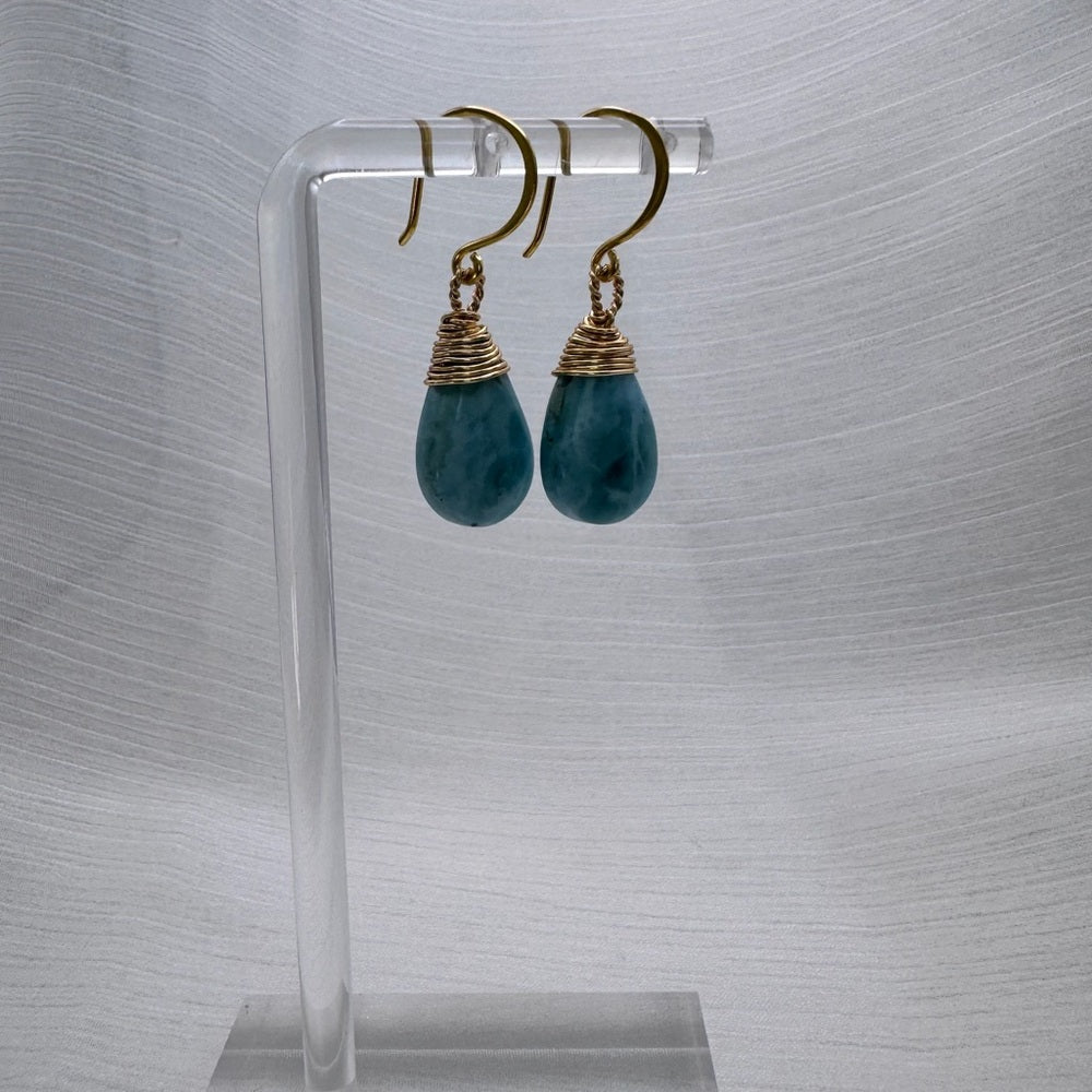 HK1104 S925 Larimar Wrapped Dangle Earrings
