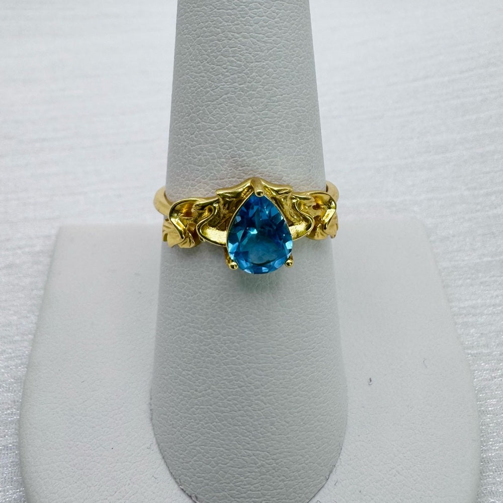 S925 Gold Teardrop Swiss Blue Topaz Ring