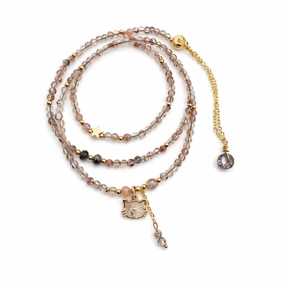 Rutilated Quartz Gemstone and Cat Adjustable Necklace