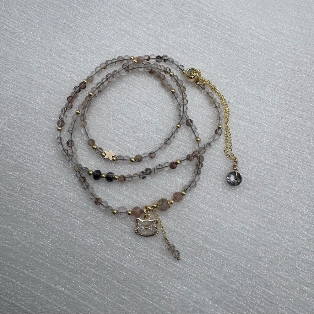 Rutilated Quartz Gemstone and Cat Adjustable Necklace