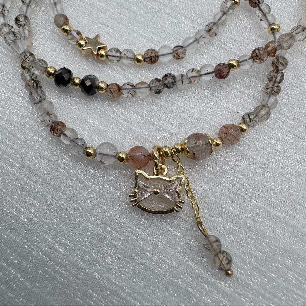 Rutilated Quartz Gemstone and Cat Adjustable Necklace