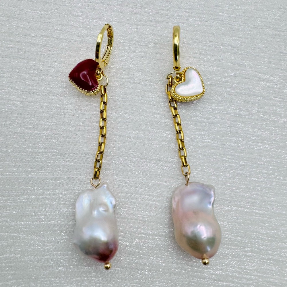 Reversible Mother of Pearl and Flame Ball Pearl Dangle Earrings