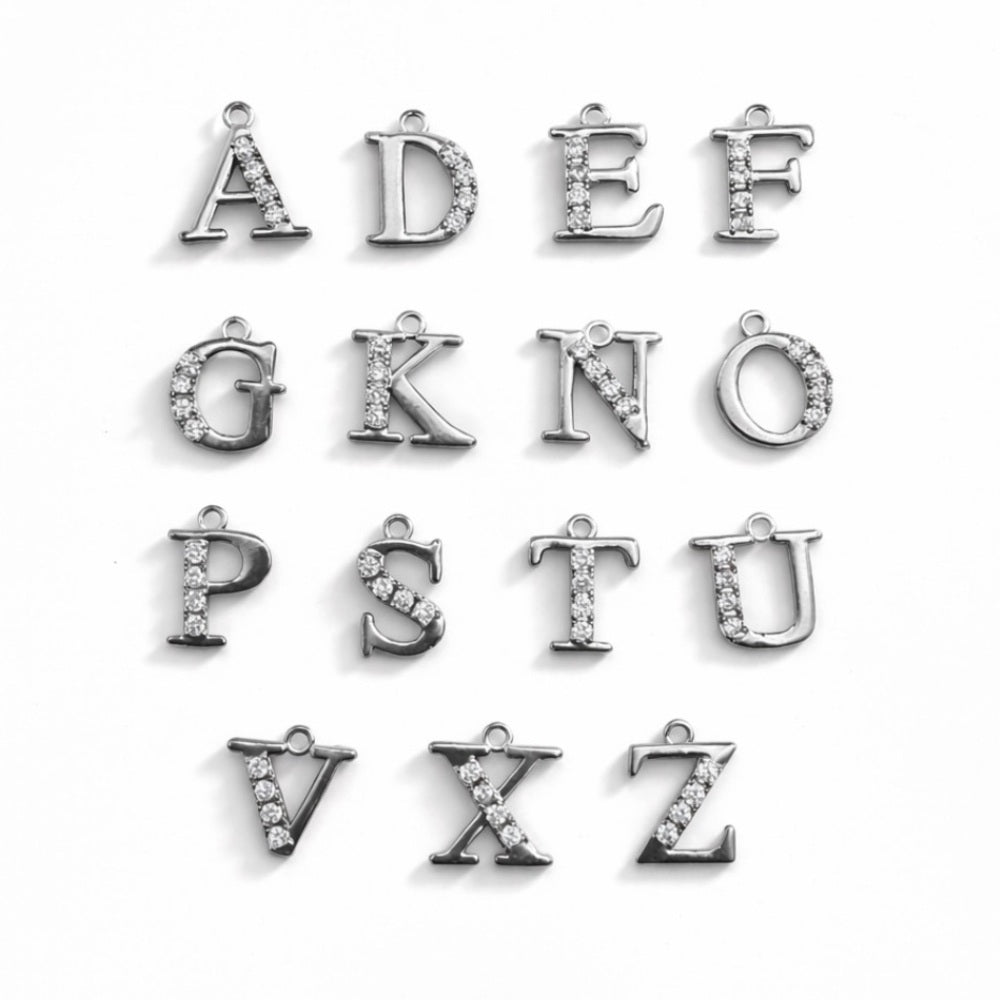 Crystal Letter Charms Silver Stainless Steel