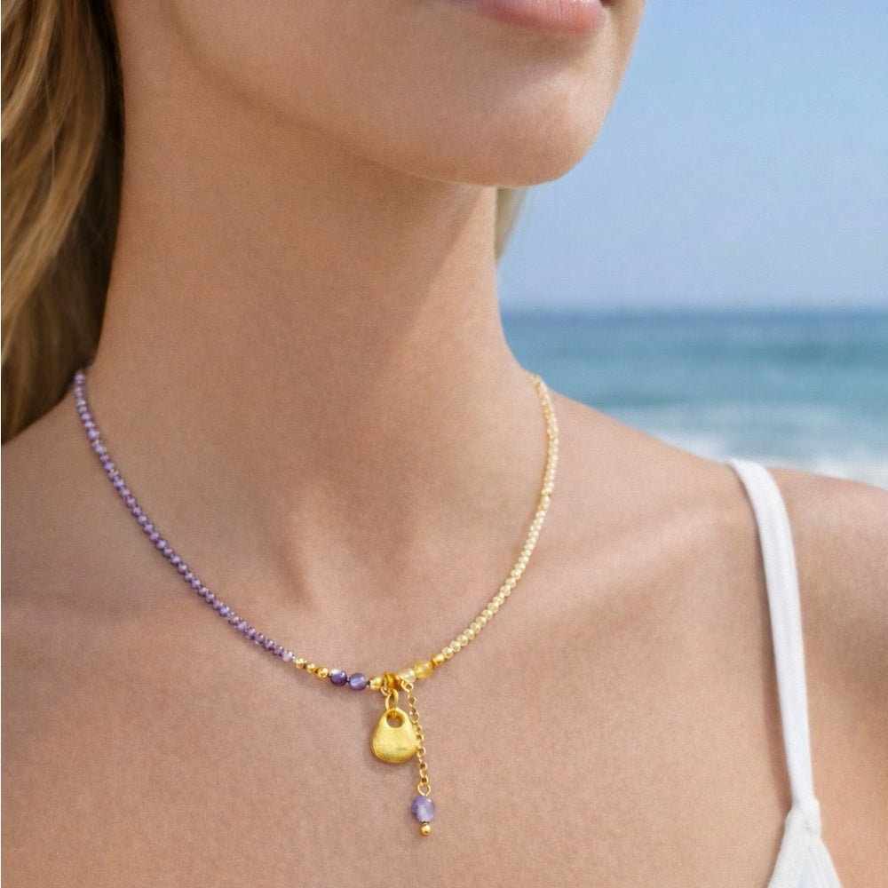 Purple Fluorite and Golden Rutile Adjustable Necklace