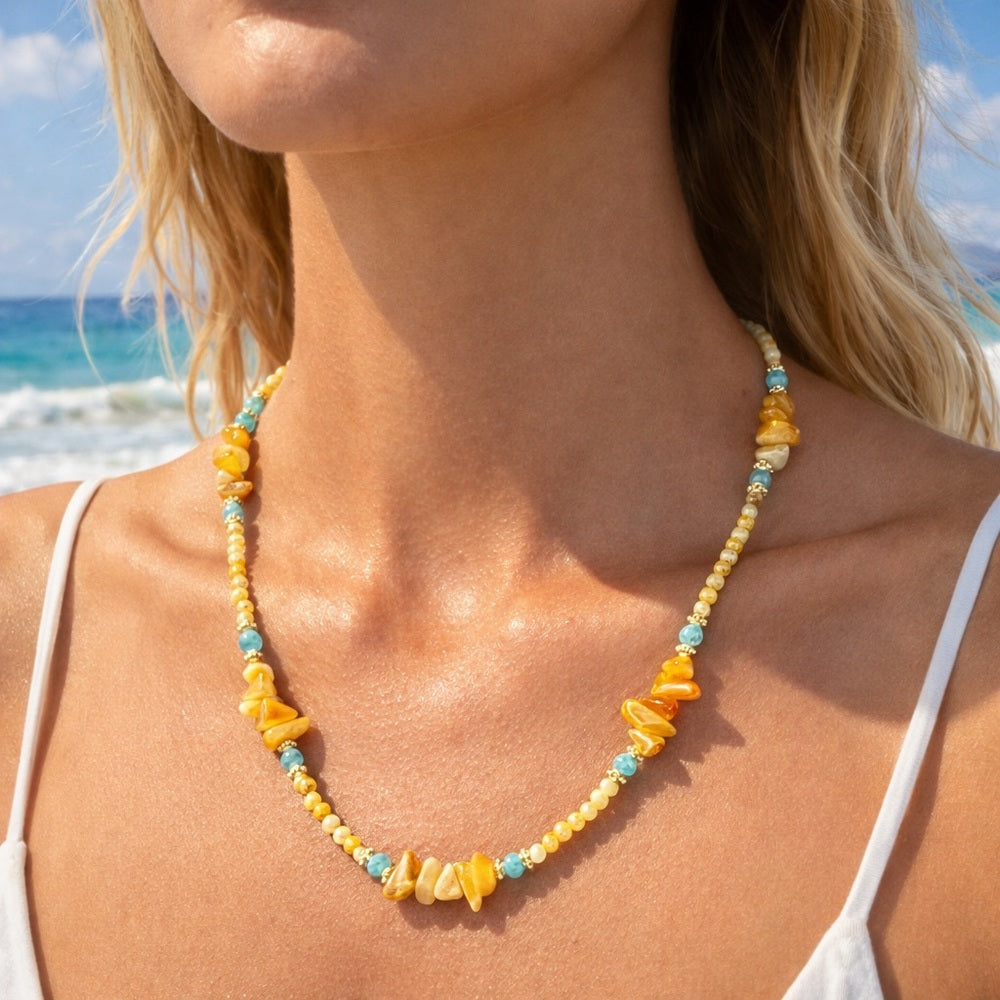 Yellow Jade and Aquamarine Mixed Gemstone Necklace Style #9