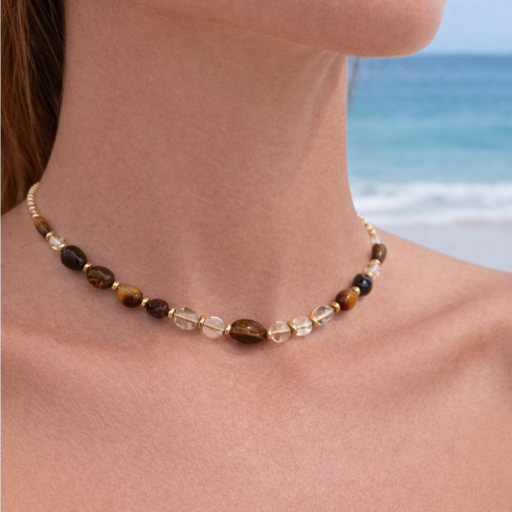 Tigers Eye & Clear Quartz Beaded Necklace Style #18
