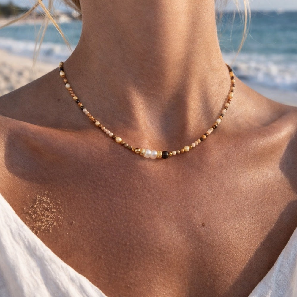 Tiger’s Eye, Carnelian, and Freshwater Pearl Necklace Style #60