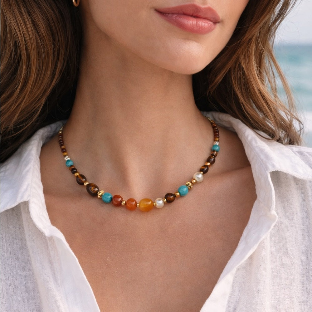 Tiger’s Eye, Carnelian, Turquoise and Freshwater Pearl Necklace Style #32