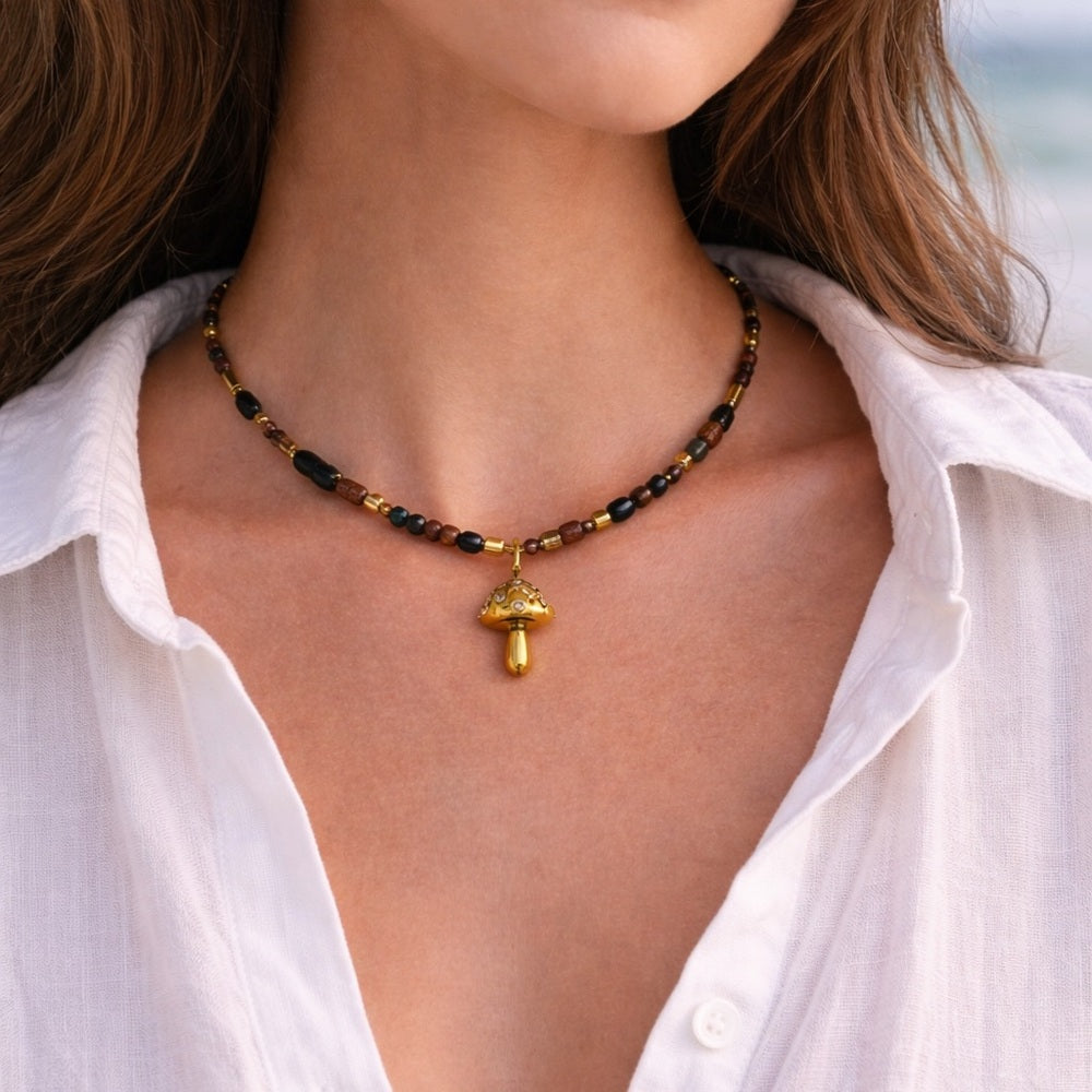 Tigers Eye, Mookite, and Mixed Gemstone Necklace with Mushroom Charm Style #24