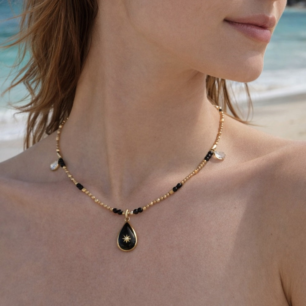 Tigers Eye Gemstone and Swarovski Crystal Teardrop Necklace Style #37
