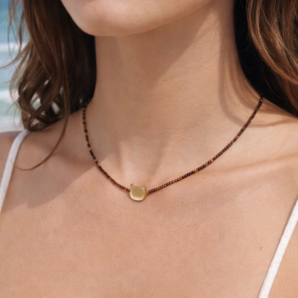 Faceted Tigers Eye and Mother of Pearl Cat Necklace Style #34