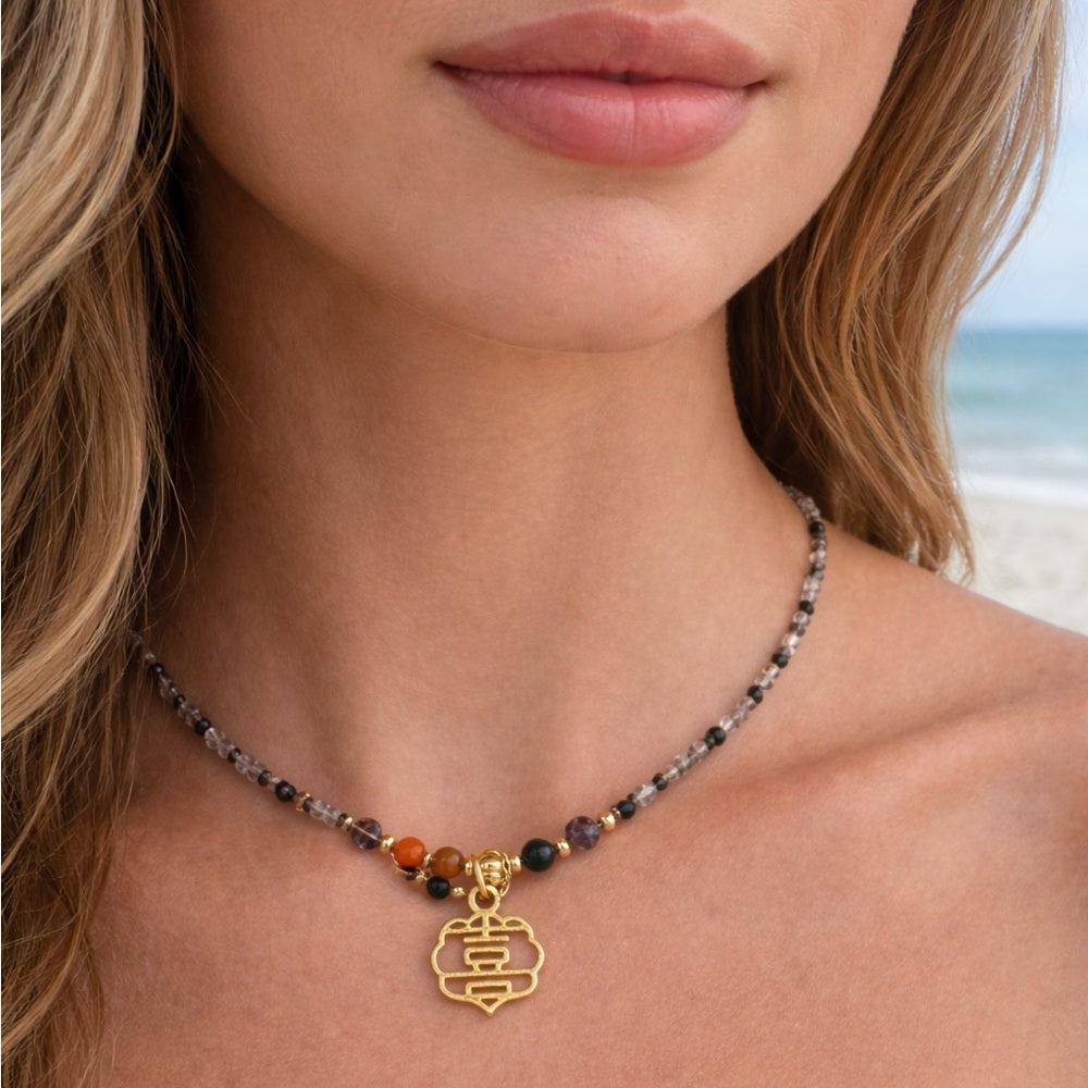 Black Tourmaline & Rutile Quartz Adustable Necklace