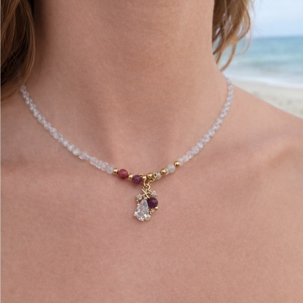 Clear Quartz & Peach Moonstone Adjustable Necklace