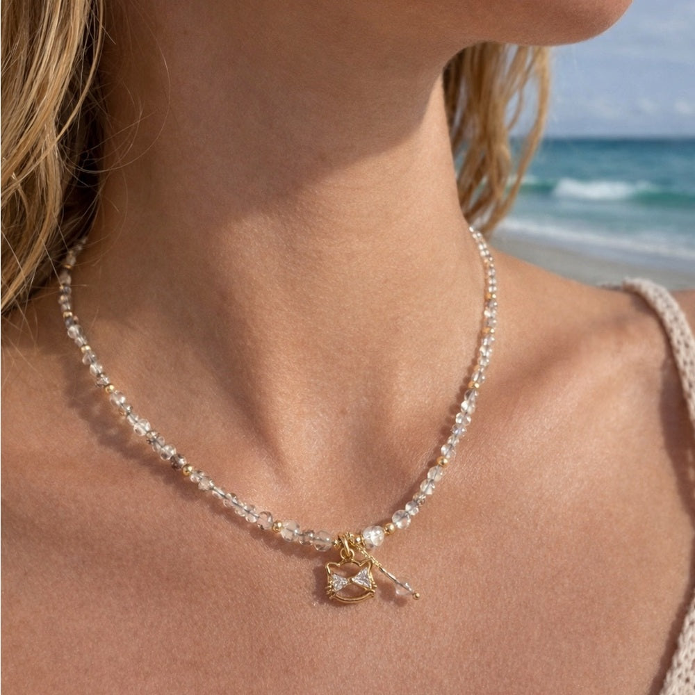 Rutilated Quartz Gemstone and Cat Adjustable Necklace
