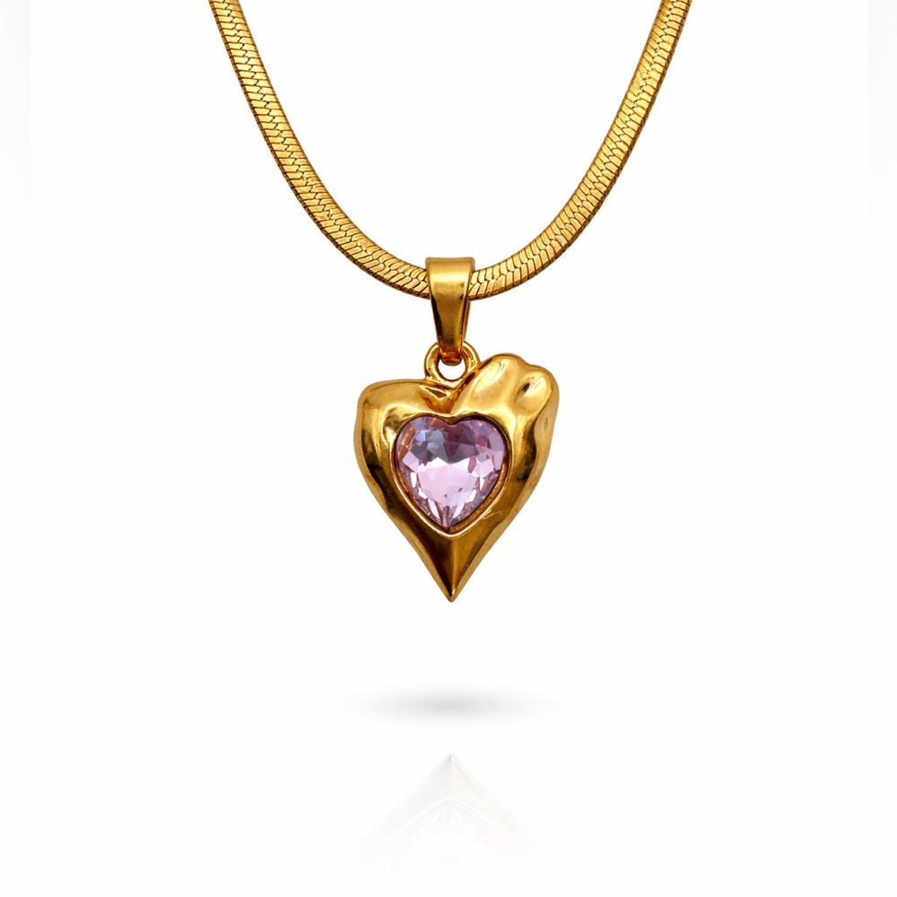 Stainless Steel Heart Pink Topaz Pendant