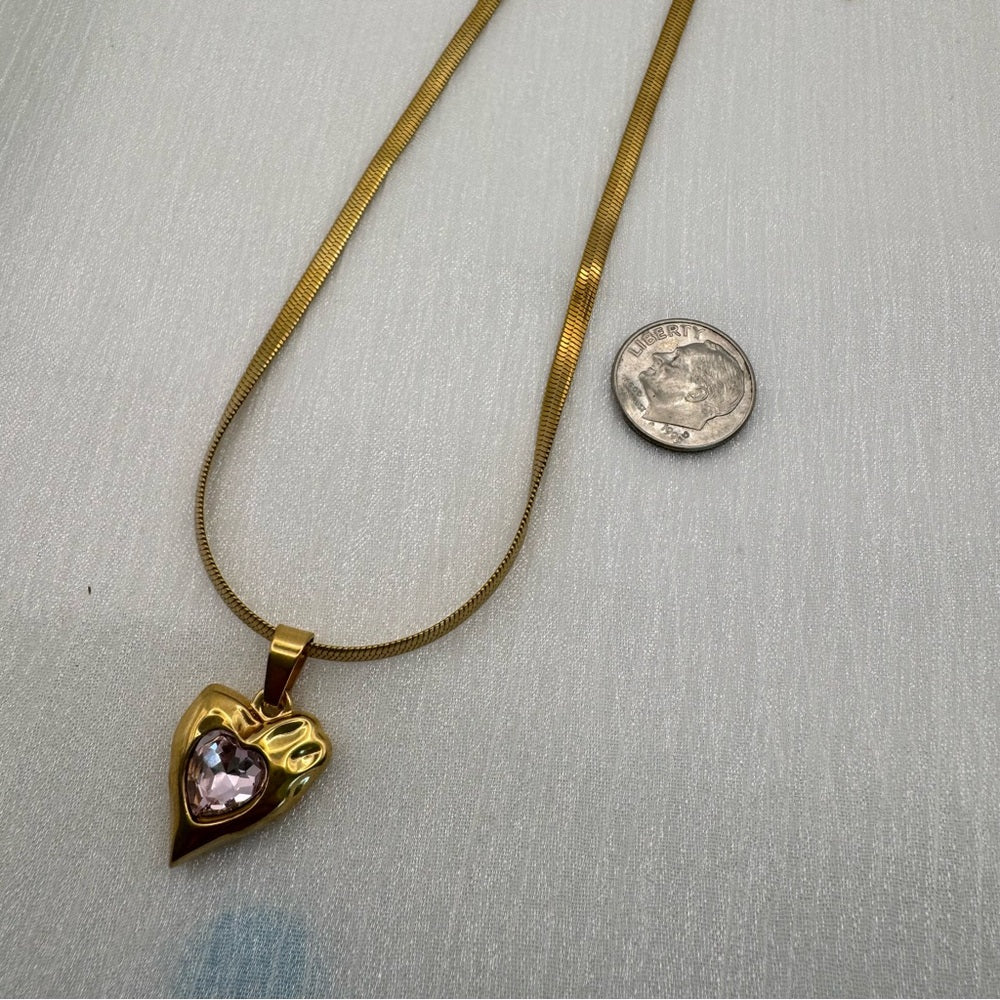 Stainless Steel Heart Pink Topaz Pendant