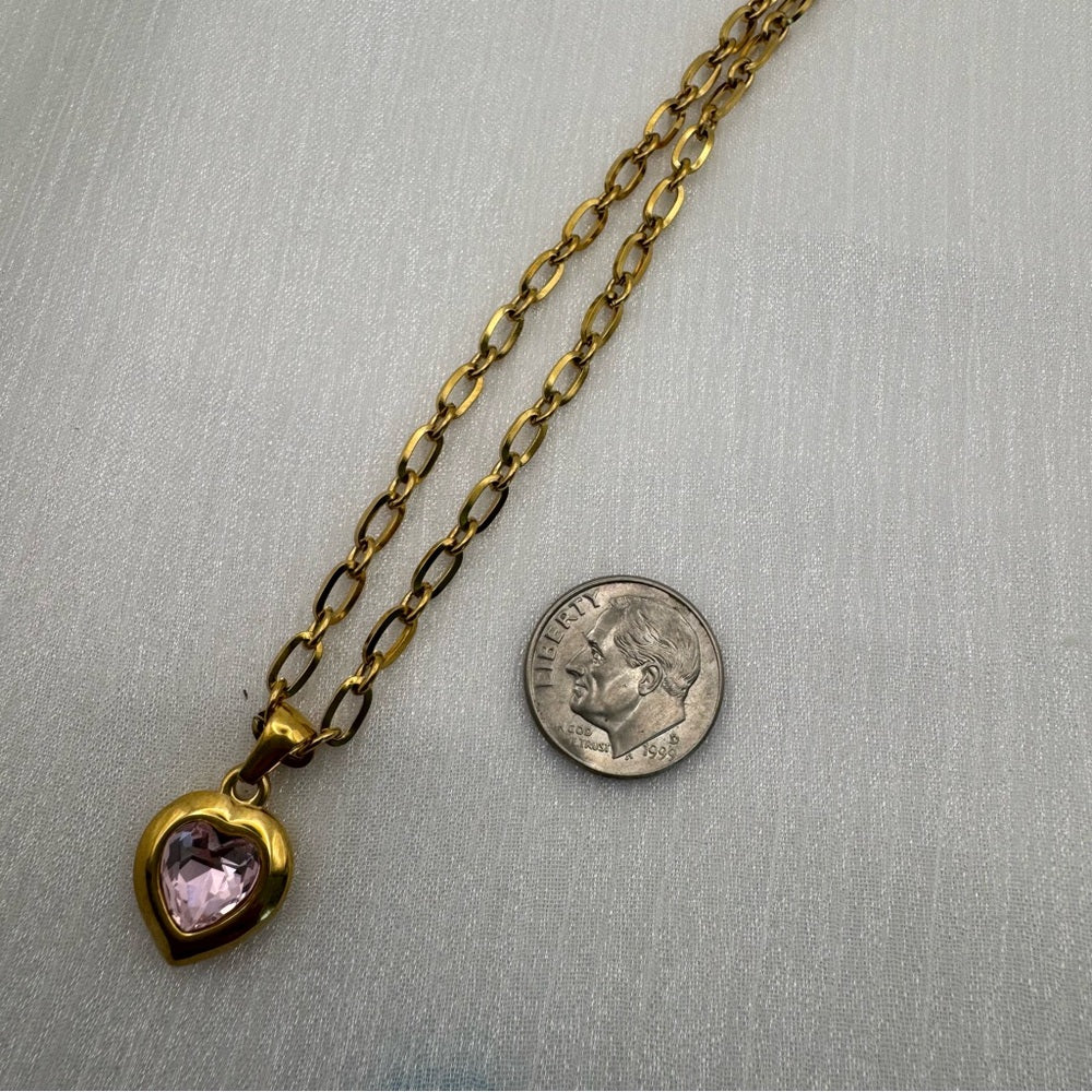 Stainless Steel Heart Pink Topaz Necklace