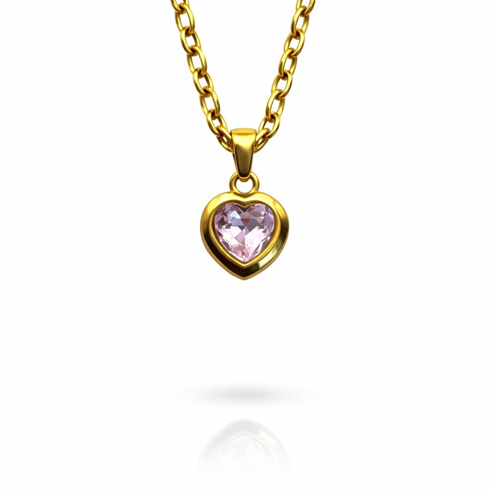 Stainless Steel Heart Pink Topaz Necklace