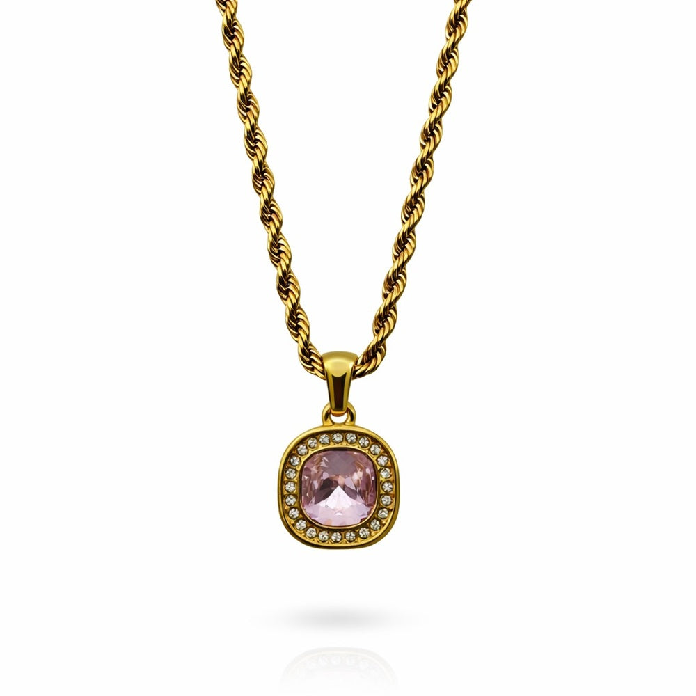 Stainless Steel Square Pink Topaz Pendant