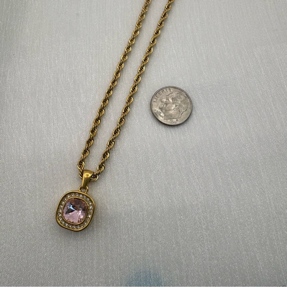 Stainless Steel Square Pink Topaz Pendant