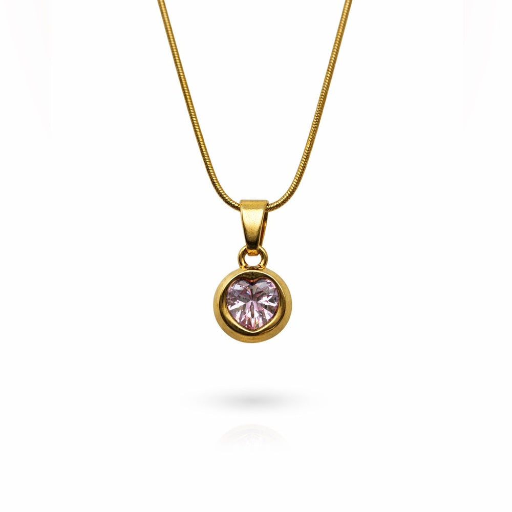 Stainless Steel Ball Heart Pink Topaz Pendant