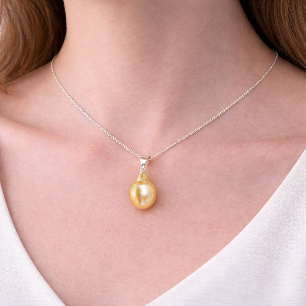 Sterling Silver Tahitian Semi Baroque Golden Pearl Necklace (#30)